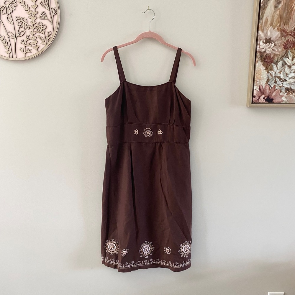 Dressbarn Sz 8 Brown Linen Blend Embroidered Midi Dress Sleeveless Cottagecore